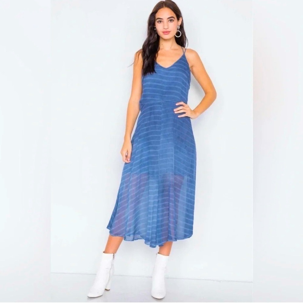 Hummingbird Indigo Blue Contrast Stripes Sheer
Flare Leg Jumpsuit